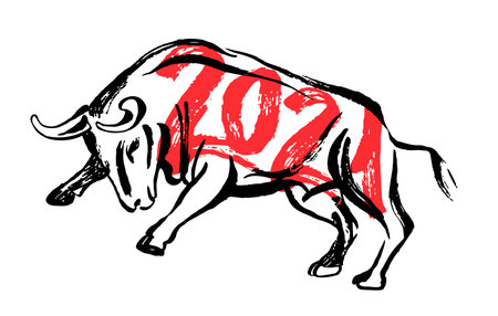 Bull ready to jump ink sketch. Ox, bull, cow on white background. Chinese happy new year 2021. Lunar New Year. Drawing bull, ox, cowhide. Ink illustration. Vector.のイラスト素材