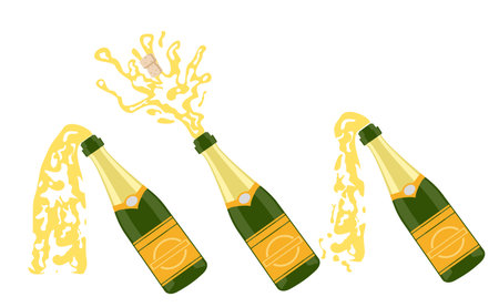 Several bottles of champagne being opened, vector illustration. Open bottle. A set of several champagne flat celebration.のイラスト素材