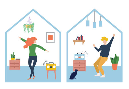 Woman and man at home listening the music and dancing in period of self isolation and social distancing during covid virus pandemic. Stay home concept vector illustration.のイラスト素材