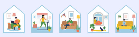 People sitting at their home. Quarantine, stay at home concept series. People sitting at their home, room or apartment, go in for sports, enjoying meditation, play musical instruments, work onlineのイラスト素材