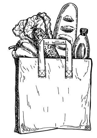 Products in a grocery bag and an eco grocery bag. Sketch. Hand drawn vector illustrationのイラスト素材