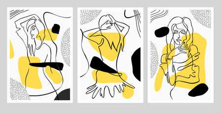 Set background with portrait woman in abstract one line style with black, yellow colorful elements. Colored spots. Hand drawn outline trendy illustrationsのイラスト素材