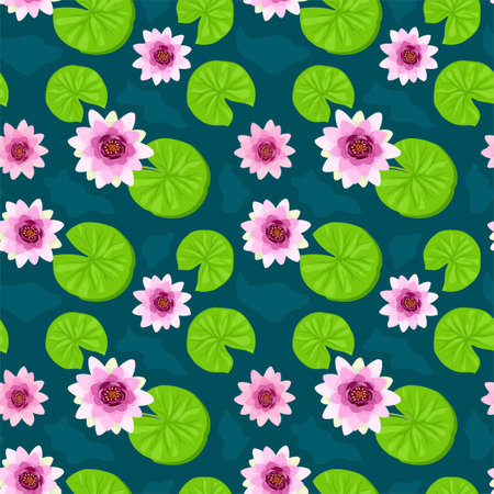 Seamless pattern with lotus flowers. Water lily decorative illustration. Tropical plants seamless pattern. Beautiful lotus flower on the water close-up. vector illustration.のイラスト素材