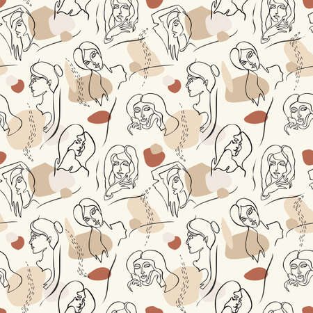 Modern abstract faces seamless pattern. Continuous line face women. Hand drawn outline trendy illustration. Continuous line, minimalistic concept. Female portrait for t-shirt fashion print, templateのイラスト素材