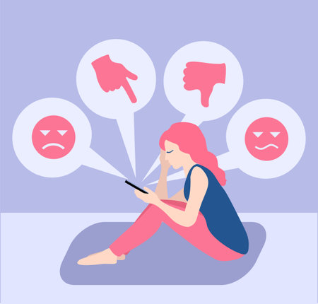 Teenagers psychological problems. Cyber bullying in social networks and online abuse concept. Teen girl crying in front of laptop screen due to haters messages. Vector flat illustrationのイラスト素材