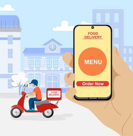 Vector illustration concept for online ordering of food. Online delivery service concept, online order tracking, delivery home and office. Online delivery service with scooter and mobile.のイラスト素材