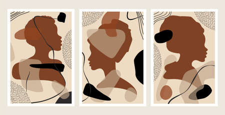 Minimalist abstract composition. Silhouettes of female faces in profile, line and spot. Trendy...