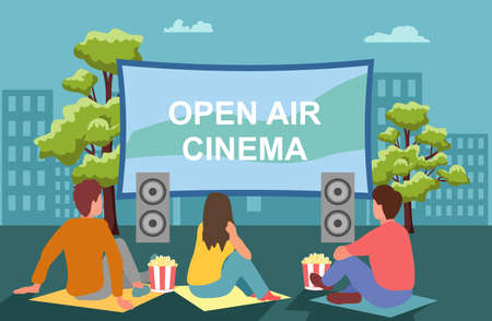 Open air cinema. Movie night with friends. Watching film on big screen with sound system. Open air cinema, outdoor movie theater, backyard theater gear concept. Outdoor relax.のイラスト素材