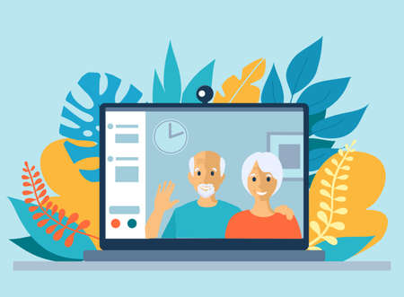 Grandparents communicating via video call. Online communication with relatives. Vector illustration of a computer with a video call to elderly parents from home. Use video conference app concept.のイラスト素材