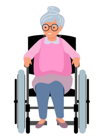 Vector of a senior woman sitting in wheelchair. Elderly woman sitting in a wheelchair Flat illustration. Front views. Grandmother, happy old people with physical disability.のイラスト素材