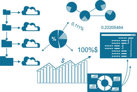 Enterprise development infographics. Infographic elements - bar and line charts, percentages, pie charts, steps, options, timeline.のイラスト素材