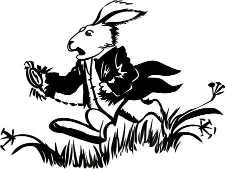 Running white rabbit illustration. The white rabbit holds the clock. Hand draw sketch illustration of Wonderland bunnyのイラスト素材