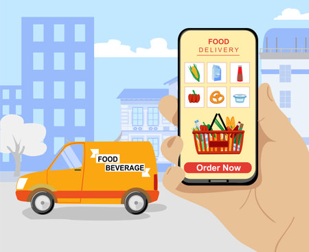 Food delivery. Delivery track. Flat design modern vector illustration concept. Online delivery service concept, online order tracking, delivery home and office.のイラスト素材