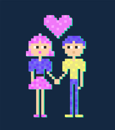 Pixel romantic couple.Valentine s day. 8bit. Vector pixel art couple isolated. Falling in Love, a vector illustration of a male and female falling in love.のイラスト素材