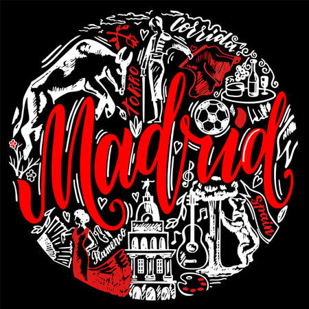 Madrid is the capital of Spain. Print color design on black background. Bullfighting, flamenco, guitar, football. Sketch design. Hand Drawn conceptual illustration.のイラスト素材