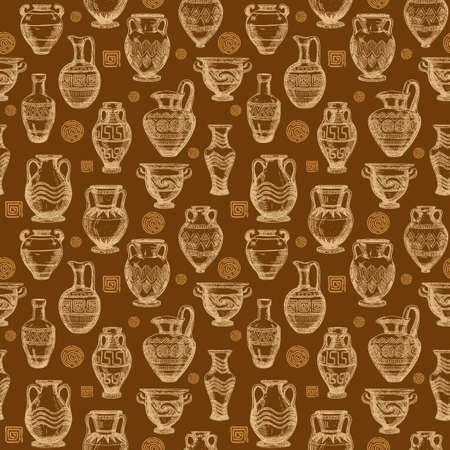 Seamless pattern with antique vases sketch. Set of clay crockery. Decorative seamless pattern with terracotta vases of different shapes and sizes. Vintage seamless background.の写真素材