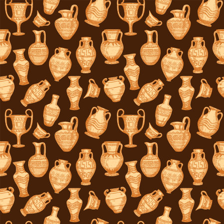 Seamless pattern with antique vases sketch. Set of clay crockery. Decorative seamless pattern with terracotta vases of different shapes and sizes. Vintage seamless background.の写真素材
