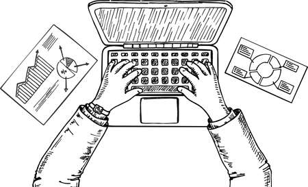 Laptop and hands on the keyboard. Human hands using computer isolated on white background. Sketch of man with computer. Hand drawn illustration. Top viewのイラスト素材