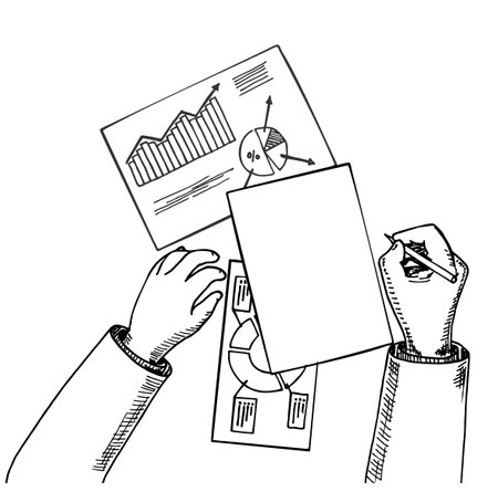 Top view Business analyst or auditor working on statistical data paper documents with spreadsheets making analytics report. Modern sketch vector illustrated banner design. Correspondence concept.のイラスト素材