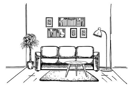 Linear sketch of an interior. Hand drawn vector illustration of a sketch style. Vector furniture illustration. Contemporary modern interior hand drawing vector illustration. Sketch living apartmentのイラスト素材