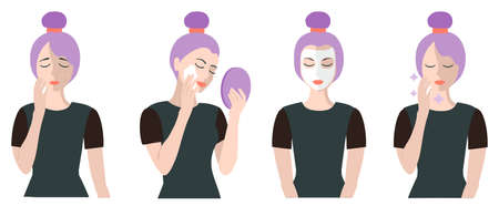 Facial cleansing process. Set of fresh, beautiful woman in process of washing face. Acne treatment before after, facial cleansing foam, cartoon illustration. Isolated on white.のイラスト素材