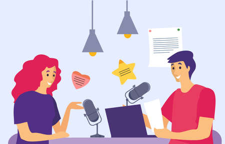 Podcast in studio vector illustration. Podcasters talking to microphones recording podcast in studio podcasting online radio. Concept man in headphones interviewing woman. Mass media broadcastingのイラスト素材