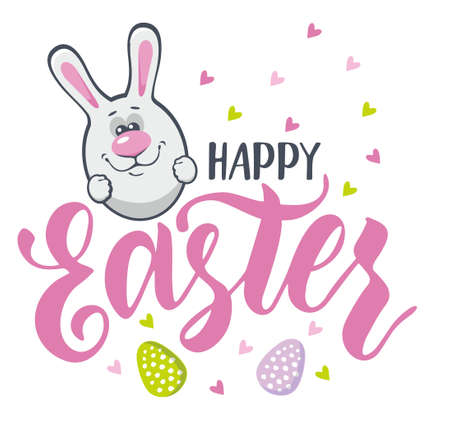 Spring, happy Easter background card, cute bunny with eggs. Vector illustration of beautiful decoration isolated on white backgroundのイラスト素材
