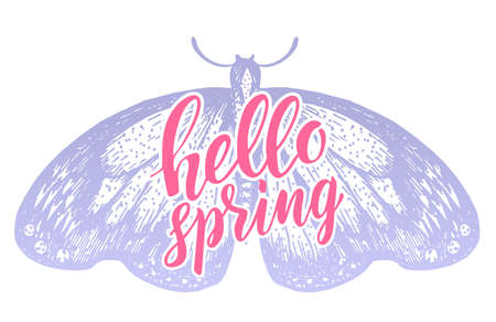 Hello spring Spring vector illustration with hand lettering. Template badge, sticker, banner, greeting card or label. Brush Pen lettering and butterflies, in pastel colorsのイラスト素材