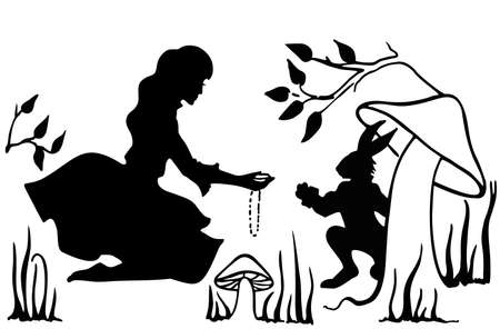 Alice and the white rabbit. Drawing ink. Silhouette. Vector, Isolate.のイラスト素材