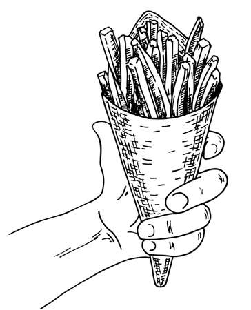 Hand drawn french fries sketch. Pack of french fries in hand. Vector illustration. Sketch drawn by ink.のイラスト素材