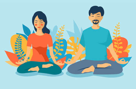 Young man and woman couple meditating in lotus pose. Man and woman on white background meditating peacefully. Mental health concept. Stay at home. Yoga and meditation illustration in flat style.のイラスト素材