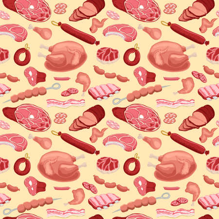 Meat seamless pattern. Meat products background for butcher shop design. Beef steaks, pork ribs, tenderloin, sliced bacon, Fresh meat sausage, salami, frankfurter, schnitzel, ham, chicken.のイラスト素材