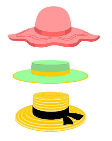 Summer women s hats. Girl beach sun hat flat design icon isolated on white. Women hats isolated on white background.のイラスト素材