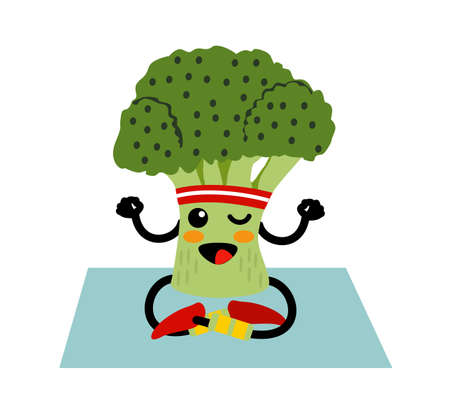 Cute smiling happy broccoli meditate in yoga pose. Funny vegetable sitting, meditate. Concept of healthy food and fitness. Broccoli yoga meditate, gym, sport, health, fitness nutritionのイラスト素材