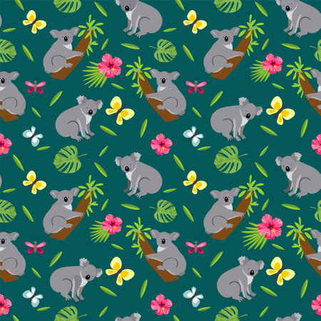 Seamless pattern with cute koala. Koalas seamless background. Australian animal seamless background. Wild koala bear and leaves, flowers vector seamless texture.のイラスト素材
