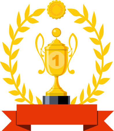 Trophy cup vector flat icon. First place winner. Win an award. Champion celebration with gold trophy, prize. Victory symbol with ribbon.のイラスト素材