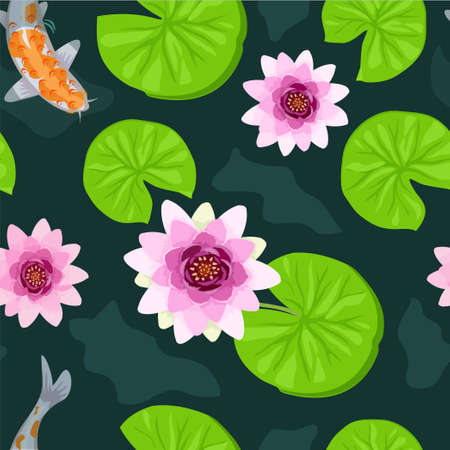 Koi fish seamless pattern. Botanical seamless pattern, lotus flowers and goldfish vintage style. Seamless background with Koi fish or Japanese carps and lotus.のイラスト素材