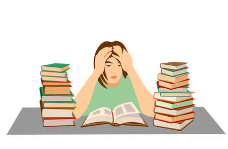 Tired student. Mental stress, education, preparation, frustration, learning concept. Tired depressed frustrated girl student has fear before exam or university tests. Stressful time in study process.のイラスト素材