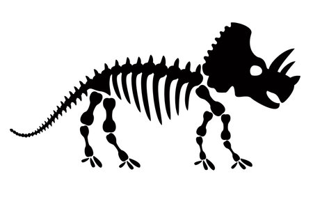 Triceratops dinosaur skeleton negative space silhouette illustration. Prehistoric creature bones isolated monochrome clipart. The dinosaur ate vegetation, Triceratops fossil design elementのイラスト素材