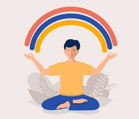 Happy man sits in lotus pose and meditating. He opened his hands to the rainbow. Guy creates good vibe around her. Smiling male character. Body positive and health care. Meditation conceptのイラスト素材