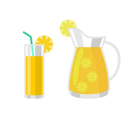 Refreshing lemonade illustration. A glass with straw and a jug with lemons and ice cubes. Isolated vector illustration in simple cartoon style.のイラスト素材
