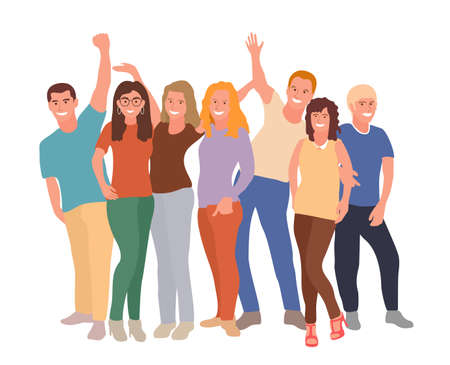 Group portrait of diverse happy young people standing together and hugging. Team of friends. Friendship concept. Young people group in casual clothes isolated on white background. vector illustrationのイラスト素材