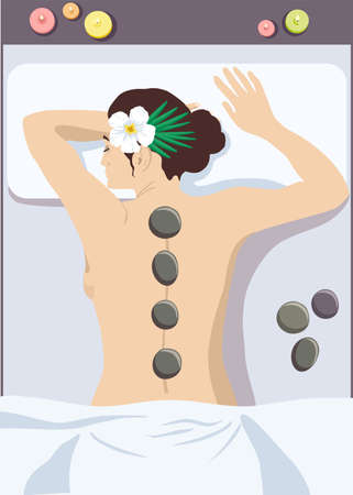 Woman getting hot stone massage in spa salon, top view cartoon vector illustration. Girl getting hot stone massage in spa salon. Woman enjoying relaxing hot stone massage at beauty parlorのイラスト素材