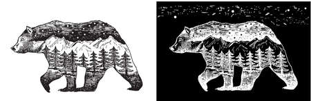 Vector Double exposure Hand drawn bear Black and white monochrome emblemのイラスト素材
