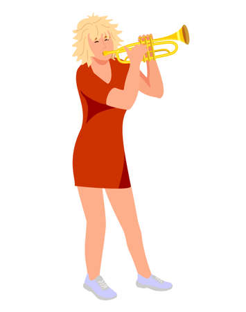 Woman playing trumpet musical. Musician playing on Trumpet vector. Character performer Jazz Orchestra music flat illustrationのイラスト素材