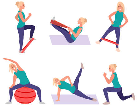 Sport exercise set. Woman doing workout. Yoga and fitness, healthy lifestyle. Flat vector illustration. Lunges and squats, plank. Full body workout. Home workout collection.のイラスト素材