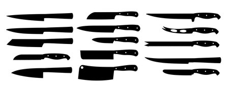 Set of vector knives isolated on white. Kitchen knives black silhouettes. Sharp cooking knife set, stainless steel restaurant knifes for work and chef, prepared beef accessoriesのイラスト素材