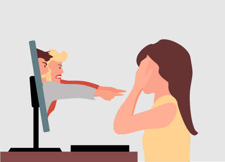 Girl having stress after reading angry comments. An upset angry girl sits by the table, looks laptop monitor and fights for cyberbullying. Social media shame the victim. Stop blaming the victim.のイラスト素材