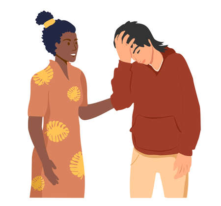 Empathy. Empathy and Compassion concept - woman soothes upset guy. Helping hand or psychological care. Psychological support. Multiethnic people talking. Vector illustration on white background.のイラスト素材