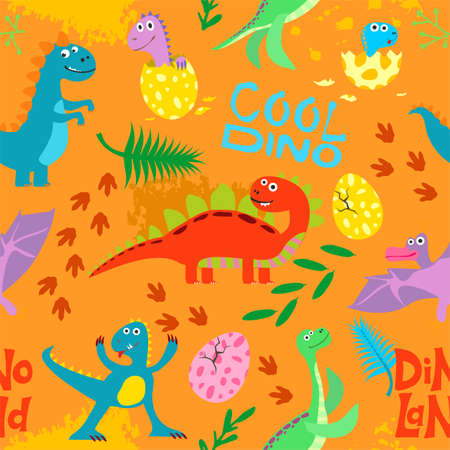 Cute colored dinosaurus seamless pattern vector design. Illustration of seamless background dino, animal dinosaur character. Sketch reptiles. Wrapping paper, textile, background fill.のイラスト素材